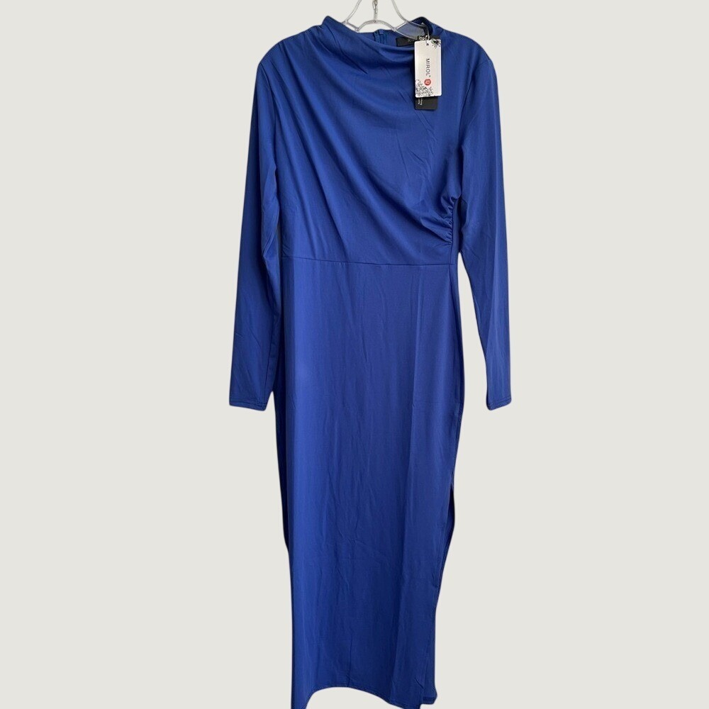 Mirol Blue Ruched Maxi Dress Womens Medium NWT Mock Neck Long Sleeve Side Slit